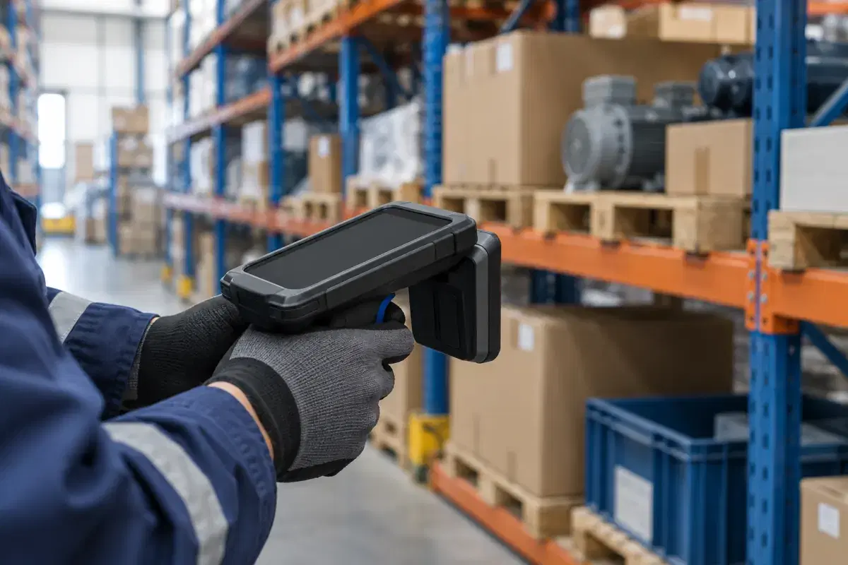 Técnico com coletor RFID portátil lendo etiquetas patrimoniais em um almoxarifado