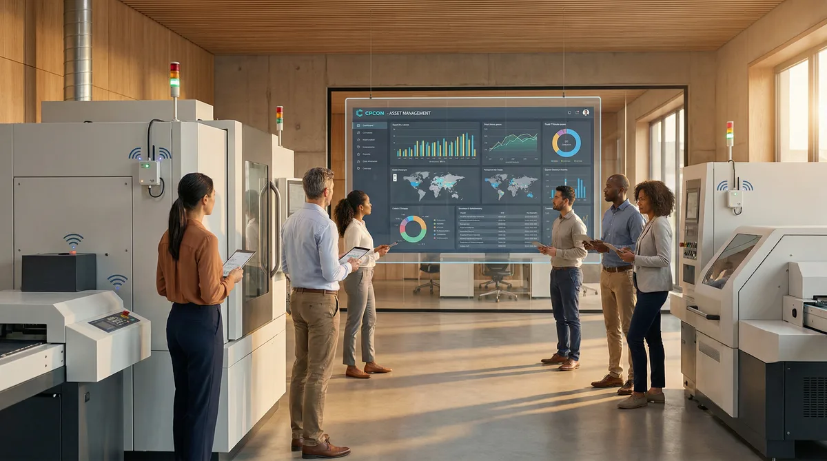 Dashboard CPCON com portais RFID, gráficos de rastreamento e equipe analisando dados em tempo real