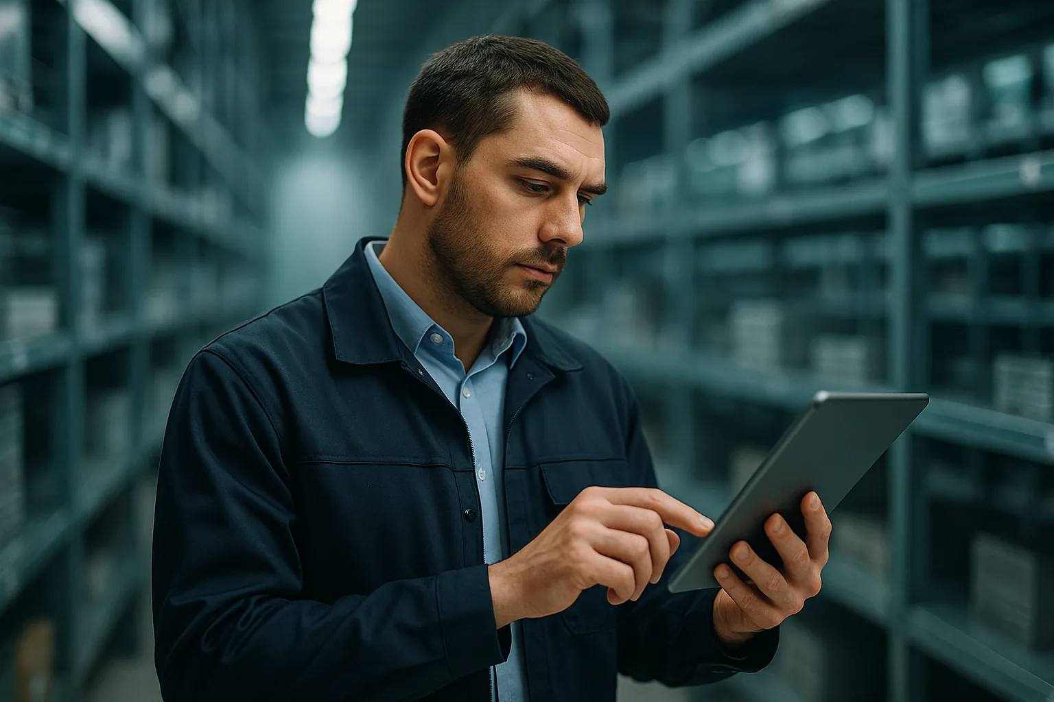 Especialista de inventário CPCON conferindo ativos fixos em campo com tablet