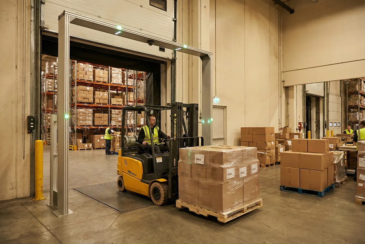 Portal RFID com antenas e empilhadeira passando por baixo com paletes em armazém