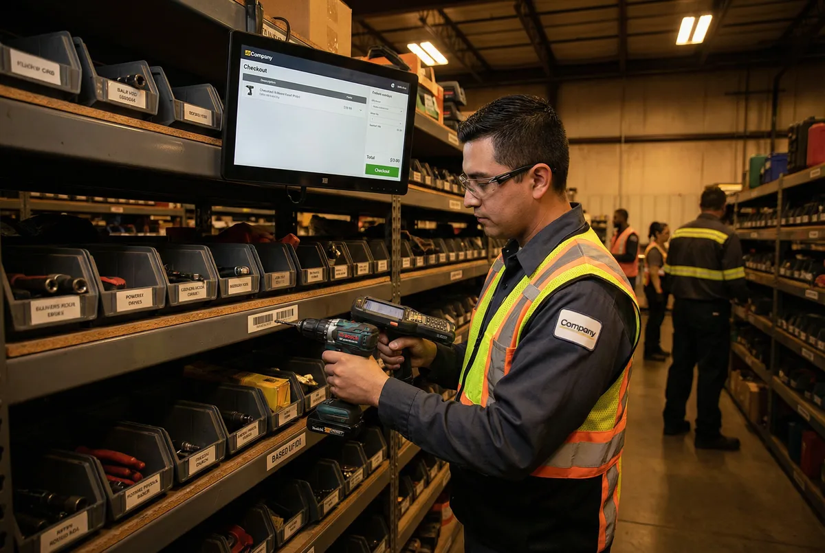 Técnico com coletor RFID controlando ferramentas em almoxarifado