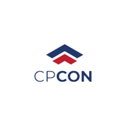 Logo CPCON azul e vermelho com símbolo quadrado