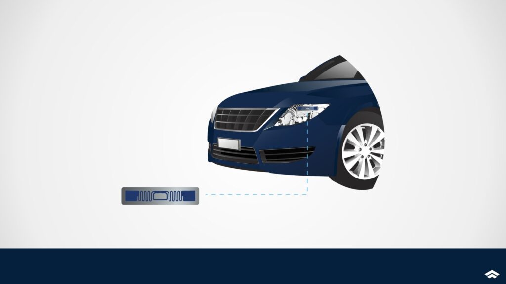Portal RFID: o que é e como funciona? Etiqueta RFID instalada na parte frontal de um veículo, permitindo leitura automática ao passar por um portal RFID para controle de acesso e rastreabilidade veicular.