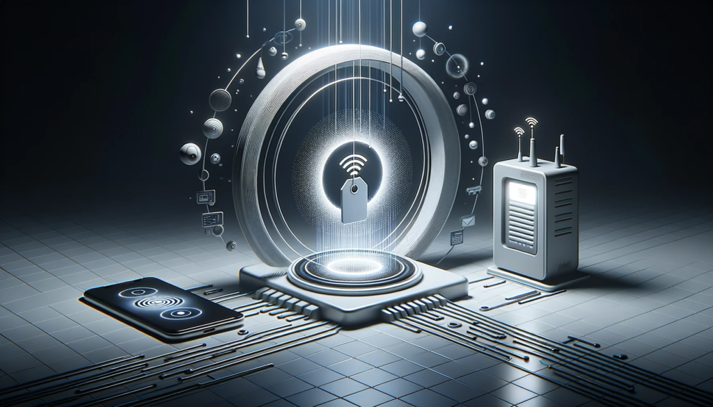 sistema RFID pasivo en acción. A la izquierda, se ilustra una etiqueta RFID de la que emanan ondas de radio. En el centro, un lector RFID con forma de portal destaca con una luz suave, enviando una señal a la etiqueta. A la derecha, un ordenador o dispositivo de procesamiento recibe los datos transmitidos por la etiqueta. El fondo es minimalista y futurista, con tonos neutros, y todo el sistema está conectado por líneas visuales que representan la transmisión de datos. Proveedores de RFID en Mexico.