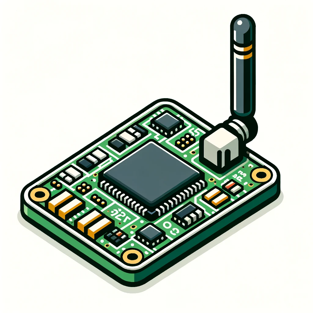 Design vetorial de um módulo coletor RFID com circuito visível e uma antena acoplada, isolado em um fundo branco