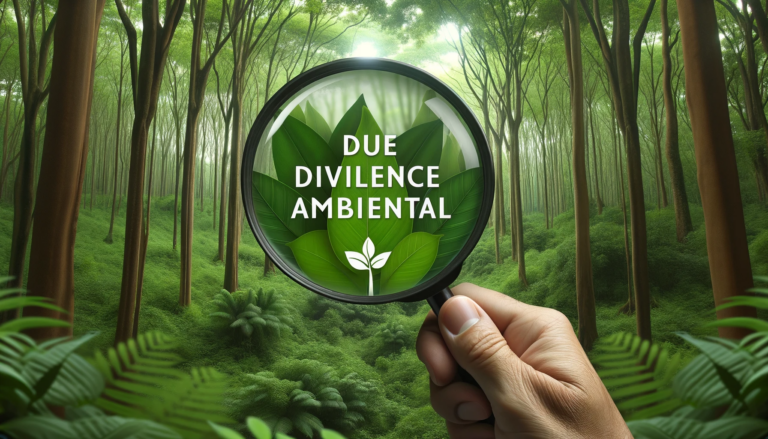 Due Diligence Ambiental: Uma representação visual de uma floresta verdejante com uma lupa sobre ela, simbolizando uma análise detalhada do meio ambiente.