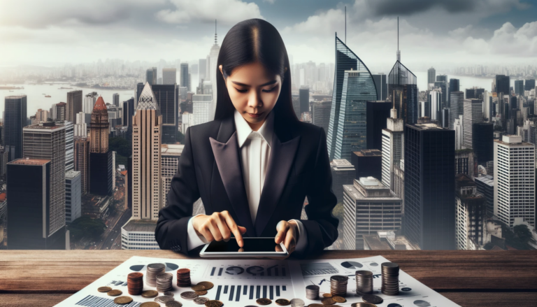 Gestão Financeira Empresarial: Uma imagem de um cenário corporativo com arranha-céus ao fundo. No primeiro plano, uma empresária de ascendência asiática está analisando um relatório financeiro em um tablet digital.