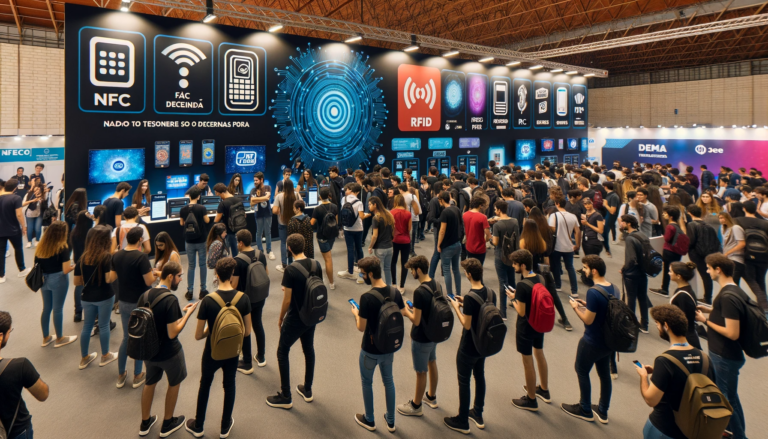 Qual a diferença entre NFC e RFID? Em uma feira de tecnologia, dois estandes adjacentes promovem as tecnologias. O estande à esquerda é dedicado ao NFC com banners e demonstrações