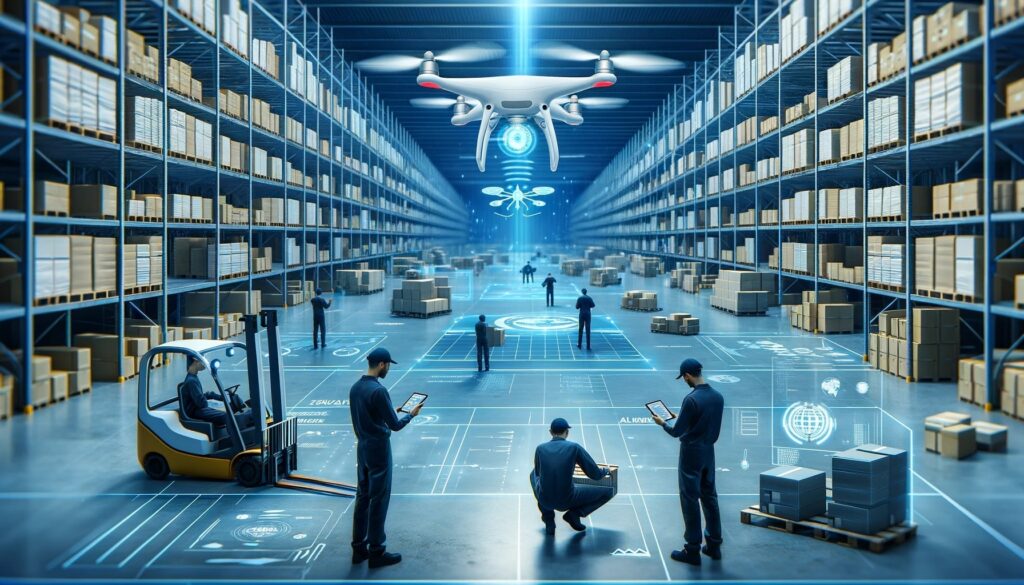 Equipo Utilizando Tecnología Avanzada para el Inventario: Esta imagen muestra un equipo de trabajadores utilizando tecnologías innovadoras, como drones y sistemas automatizados, para realizar el inventario en un almacén moderno. Se resalta la eficiencia y precisión aportadas por estas tecnologías en la gestión de activos fijos.