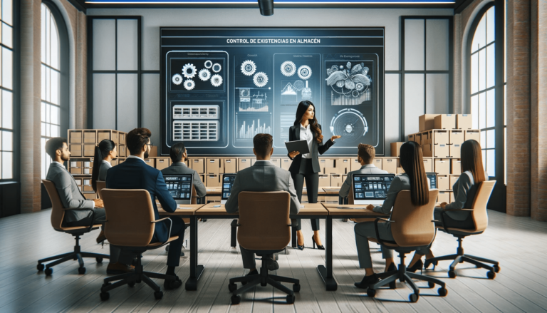 Sala de Capacitación Tecnológica: Esta escena muestra una sala de capacitación en una empresa de servicios, donde los empleados están siendo entrenados en gestión de inventarios. La sala está equipada con tecnología avanzada, simbolizando el compromiso con el aprendizaje continuo y la innovación en la gestión de inventarios para empresas de servicios. Manejo de inventarios en empresas de servicios.