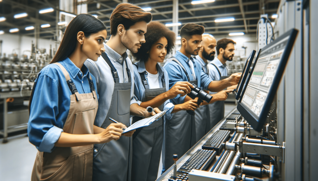 Productos en Proceso Manejo y Control en el Inventario - Línea de Producción de Productos en Proceso: Aquí se muestra un grupo de trabajadores en una fábrica moderna, monitoreando atentamente los productos en proceso con equipos de monitoreo y control. La fábrica está equipada con maquinaria de alta tecnología, reflejando la importancia estratégica de la gestión de inventario de productos en proceso.