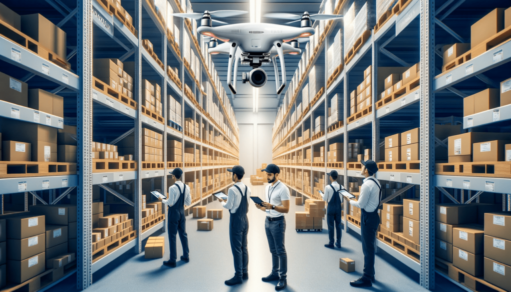 Proceso de Inventario Mejorado con Tecnología: La tercera imagen captura a un equipo de trabajadores utilizando tecnología avanzada, como drones y tabletas, para la Toma Física de Inventario en un amplio almacén. El dron vuela a través de los pasillos, escaneando artículos en estantes altos, mientras los miembros del equipo en el suelo monitorean los datos en sus tabletas, asegurando una cobertura completa y precisión en el proceso de inventario.