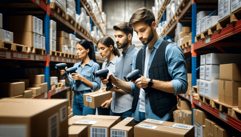 Especialistas en Inventario en Acción: Esta imagen muestra a un equipo de especialistas en inventario realizando la Toma Física de Inventario en un almacén. Están utilizando escáneres de códigos de barras y están enfocados en su tarea entre filas de estantes llenos de diversos productos. El ambiente se ve organizado y eficiente, con cada miembro del equipo dedicado diligentemente al proceso de conteo.