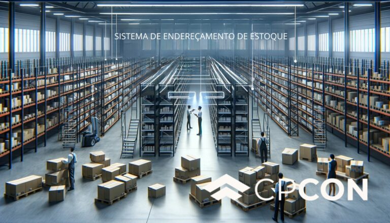 Armazém Implementando Sistema de Endereçamento de Estoque: Esta imagem mostra um armazém com trabalhadores utilizando um sistema de endereçamento de estoque, com etiquetas e códigos visíveis nas prateleiras e produtos.