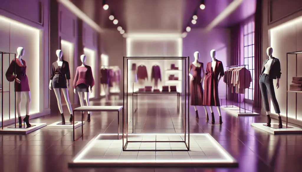 Layout de loja de varejo moderna: Mostra um rack de exibição elegante com roupas da moda e manequins vibrantes ao fundo.