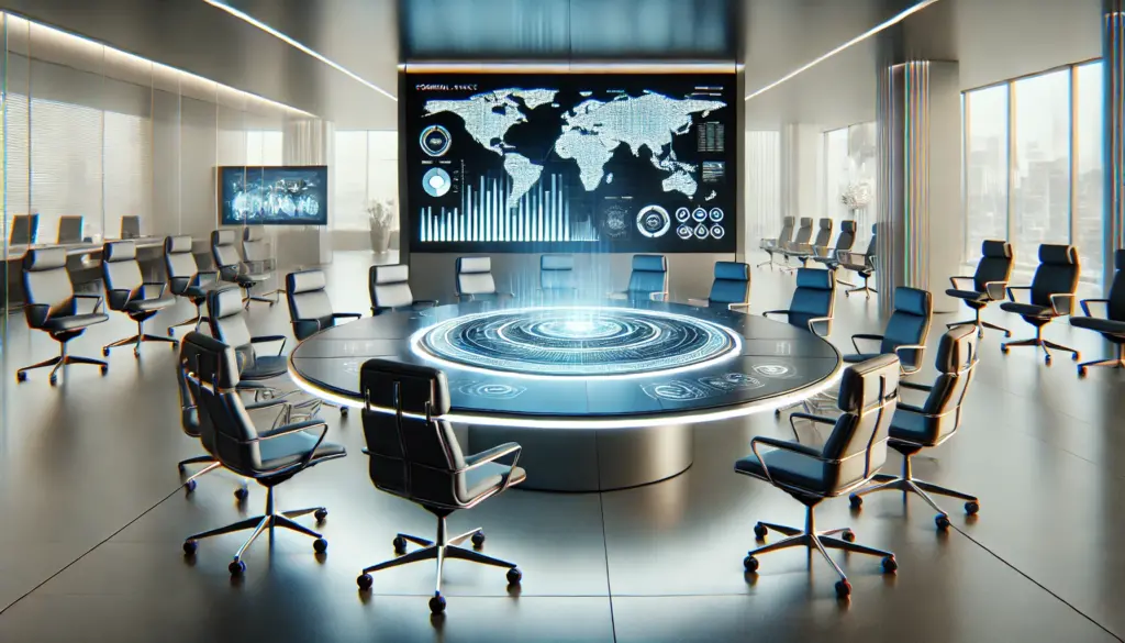 Layout de sala de conferência corporativa de alta tecnologia: Ilustra uma mesa de conferência moderna com projetores holográficos e cadeiras ergonômicas.