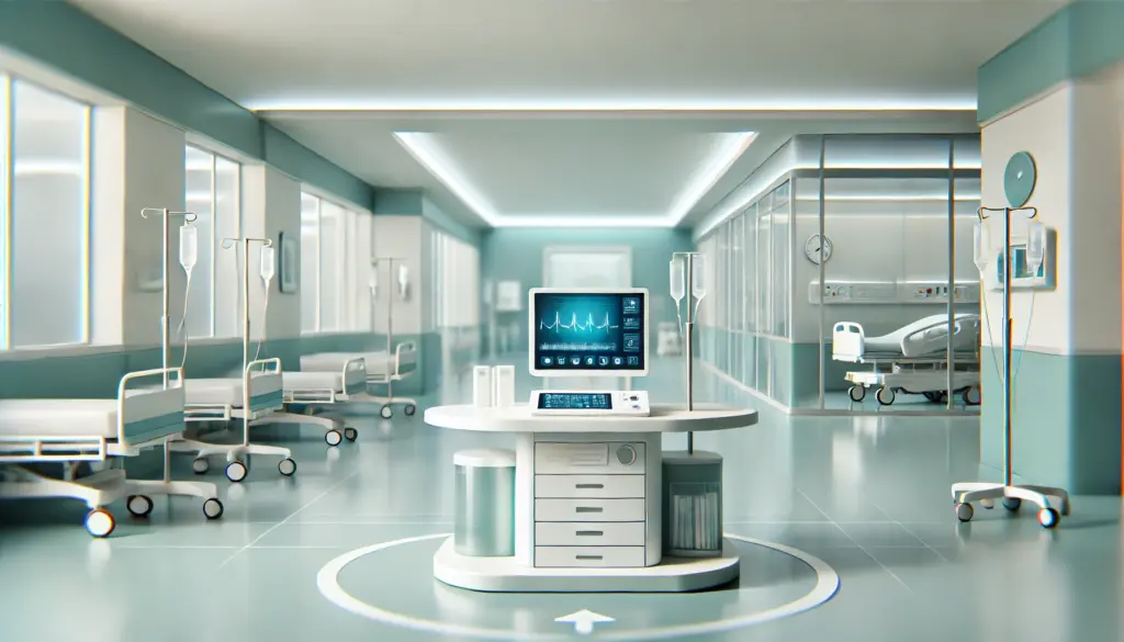 Layout de hospital moderno: Apresenta um posto de enfermagem moderno com equipamentos de alta tecnologia e um corredor com dispositivos médicos.