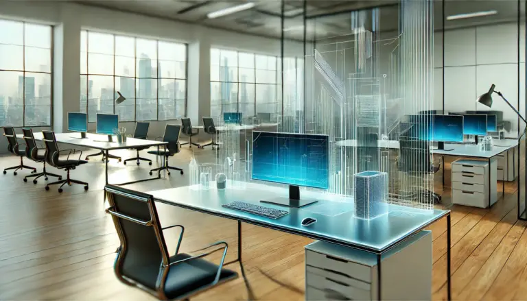 Layout de escritório moderno: Apresenta uma mesa elegante e uma configuração de computador futurista com cadeiras de escritório desfocadas ao fundo.