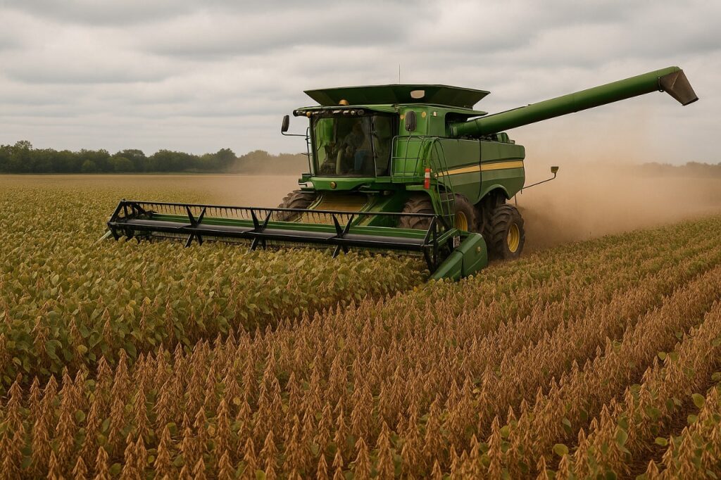 colheitadeira agrícola operando em uma plantação de soja - impairment no setor agrícola