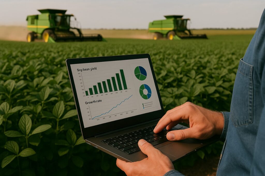 engenheiro agrônomo analisando dados no notebook com fundo de plantação - impairment no setor agrícola